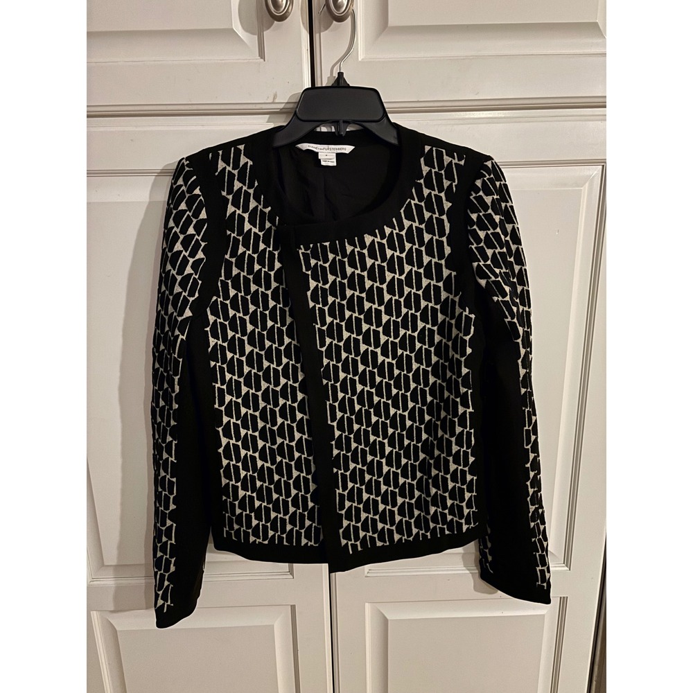 Diane Von Furstenberg DVF Geometric Knit‎ Jacket Blazer Black White Size 8